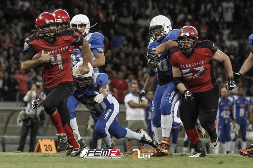 Vitória do Minas Locomotiva por 21 a 17 contra o BH Eagles. A equipe conquistou pela terceira vez seguida o título de Campeão Mineiro de Futebol Americano. / Foto: Agência Liga